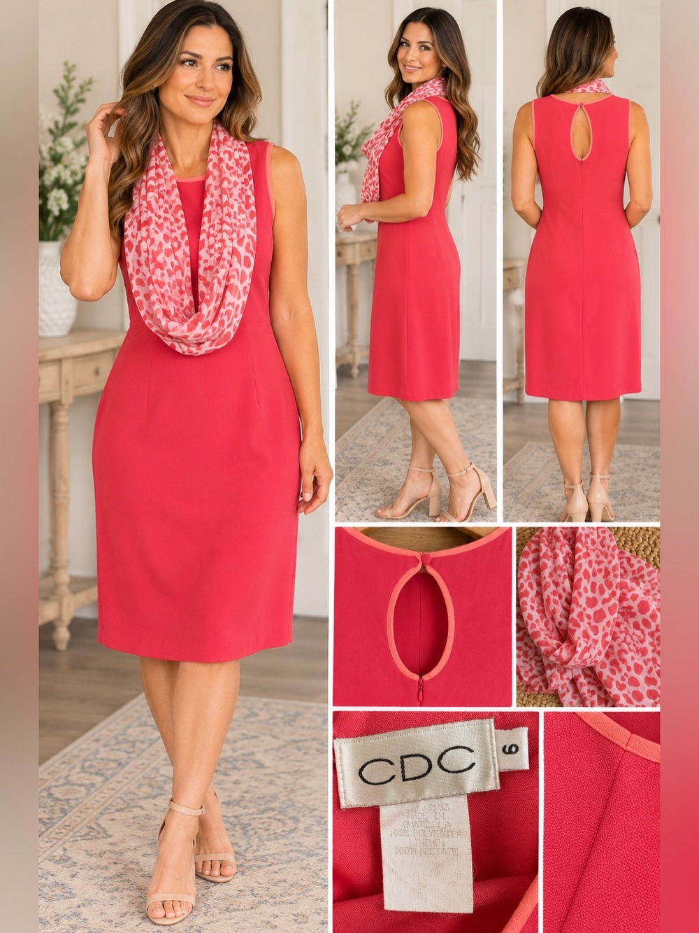 💕 Vintage CDC Coral Pink Dress + Coordinating Scarf – Size 6